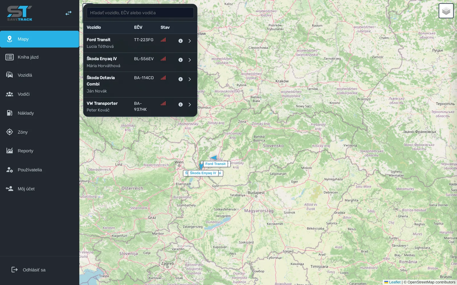 Mapa s vozidlami v reálnom čase v aplikácii SaveTrack