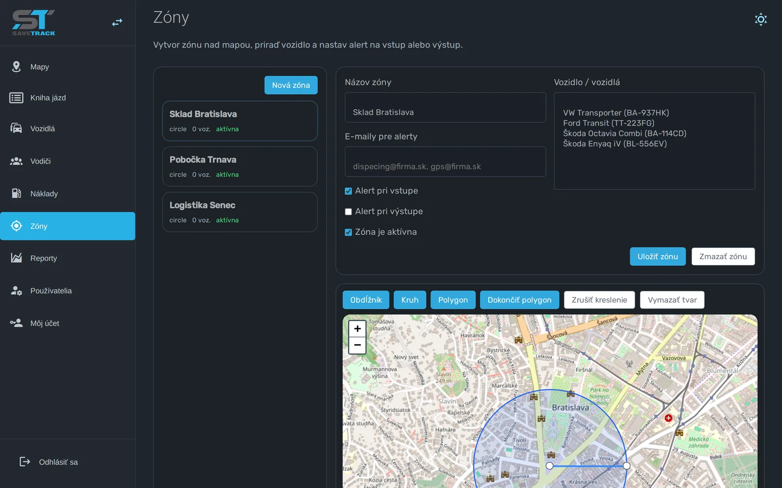 Zóny a alerty pri vstupe a výstupe v aplikácii SaveTrack