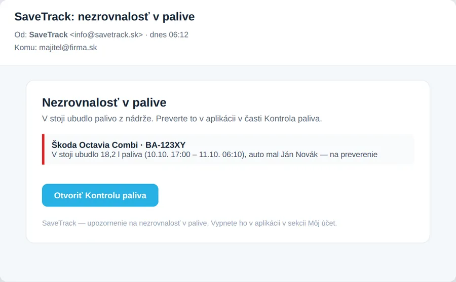 Okamžitý e-mail o odčerpaní paliva s časom státia a menom vodiča