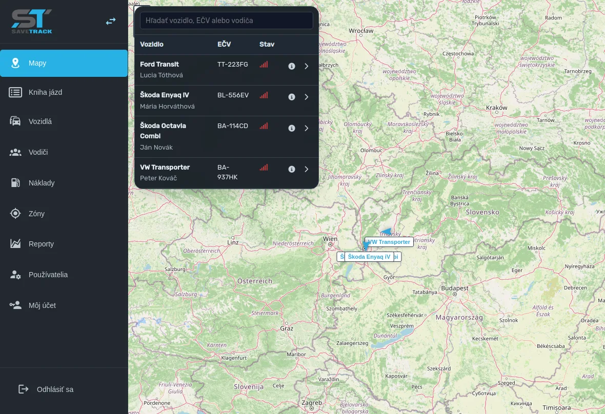 Administrácia SaveTrack — mapa s vozidlami klienta
